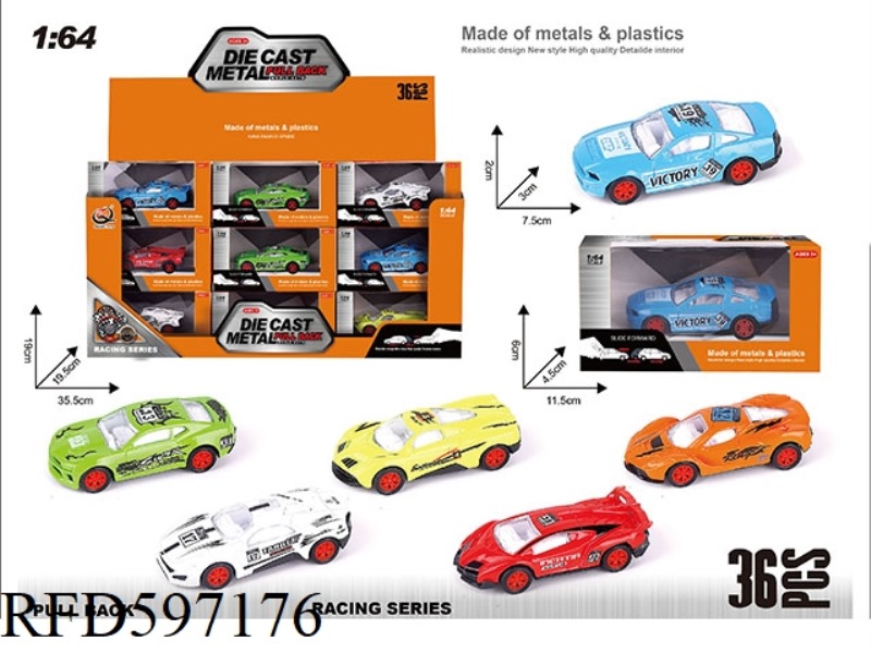 1:64 PULL-BACK ALLOY CAR (36 PCS/BOX) RACING SERIES 6 MODELS MIXED.