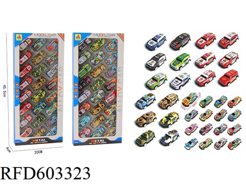 24 CARS/MILITARY/RACING CARS WITH BOOMERANG ALLOY
