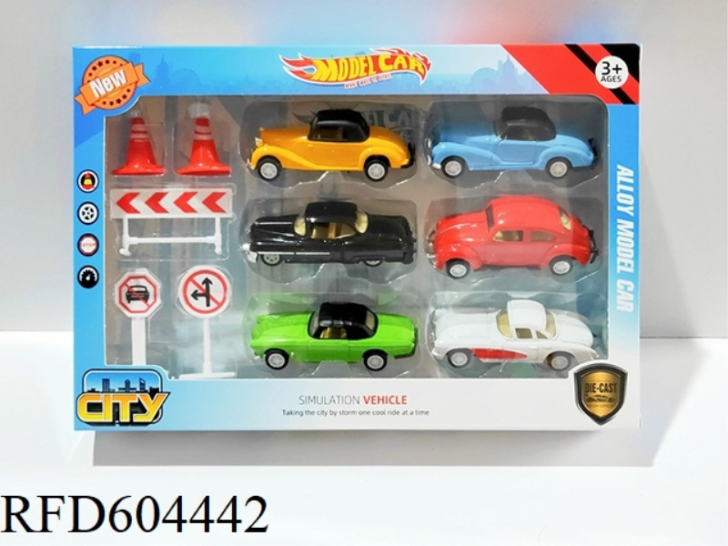 1:60 ALLOY PULLBACK CLASSIC CAR WITH ROAD SIGN SET