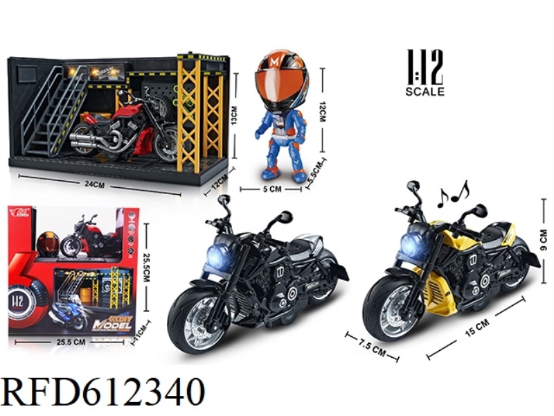 1:12 ALLOY PULL-BACK HARLEY WOLVERINE MOTORCYCLE WITH LIGHTS AND MUSIC 3-COLOR MIX (DISPLAY STAND +