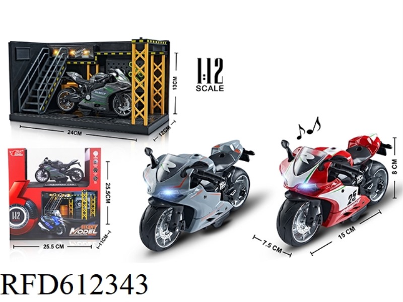 1:12 ALLOY PULLING BACK DUCATI MOTORCYCLE WITH LIGHTS AND MUSIC 3 COLOR MIX (DISPLAY STAND + SCENE)