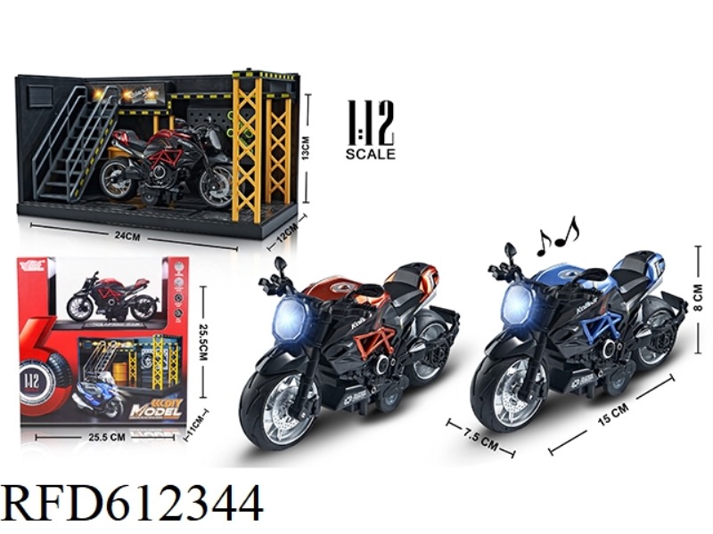 1:12 ALLOY BOILBACK GUSTA MOTORCYCLE WITH LIGHTS AND MUSIC 3 COLOR MIX (DISPLAY STAND + SCENE) (NO H