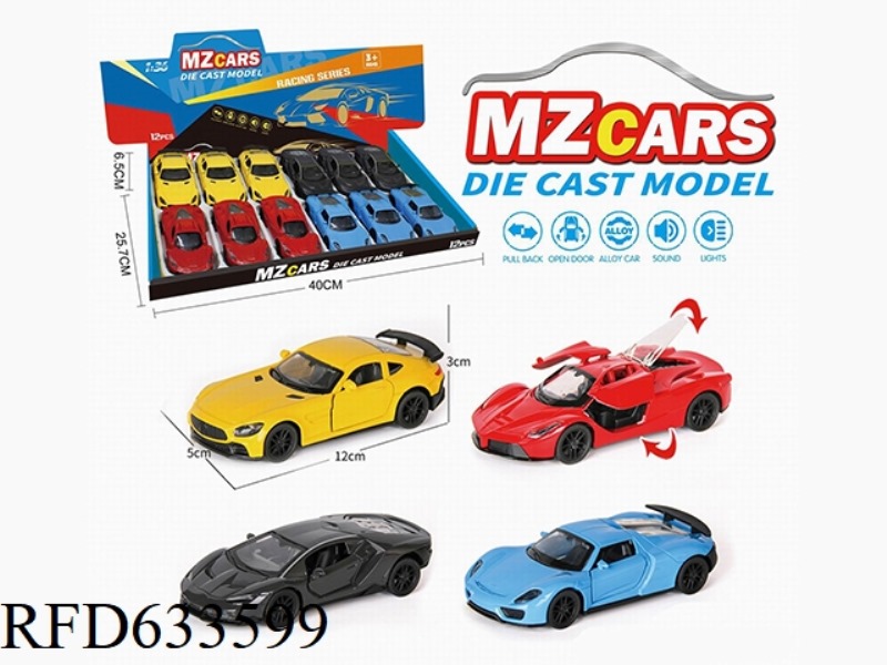 1/36 ALLOY MODEL 3 OPEN DOOR PULL-BACK SPORTS CAR 12PCS (SOUND & LIGHT VERSION)
