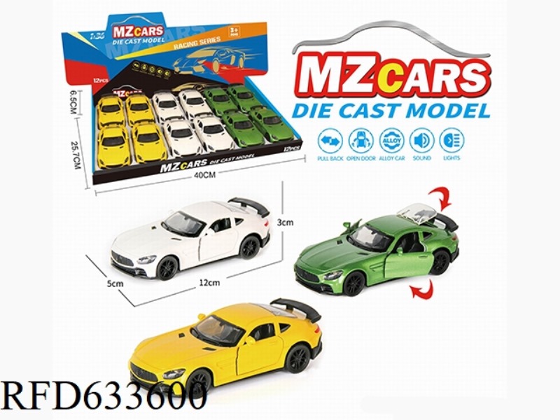 1/36 ALLOY MODEL 3 OPEN DOOR PULL-BACK SPORTS CAR 12PCS (SOUND & LIGHT VERSION)