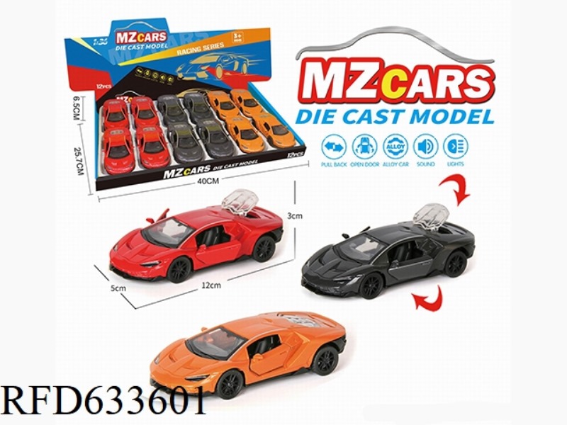 1/36 ALLOY MODEL 3 OPEN DOOR PULL-BACK SPORTS CAR 12PCS (SOUND & LIGHT VERSION)