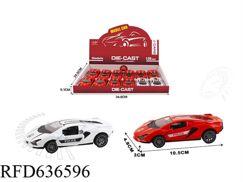 1:36 SIMULATION PULL-BACK ALLOY CAR TWO-DOOR LAMBORGHINI LIGHTNING POLICE CAR 12PCS