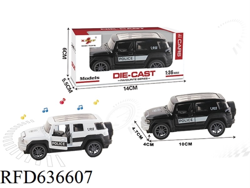 1:36 SIMULATION PULL BACK ALLOY CAR WITH TWO DOORS TOYOTA FJ POLICE CAR WITH LIGHTING AND MUSIC.