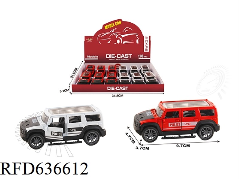 1:36 SIMULATION PULL BACK ALLOY CAR TWO-DOOR HUMMER POLICE CAR 12PCS