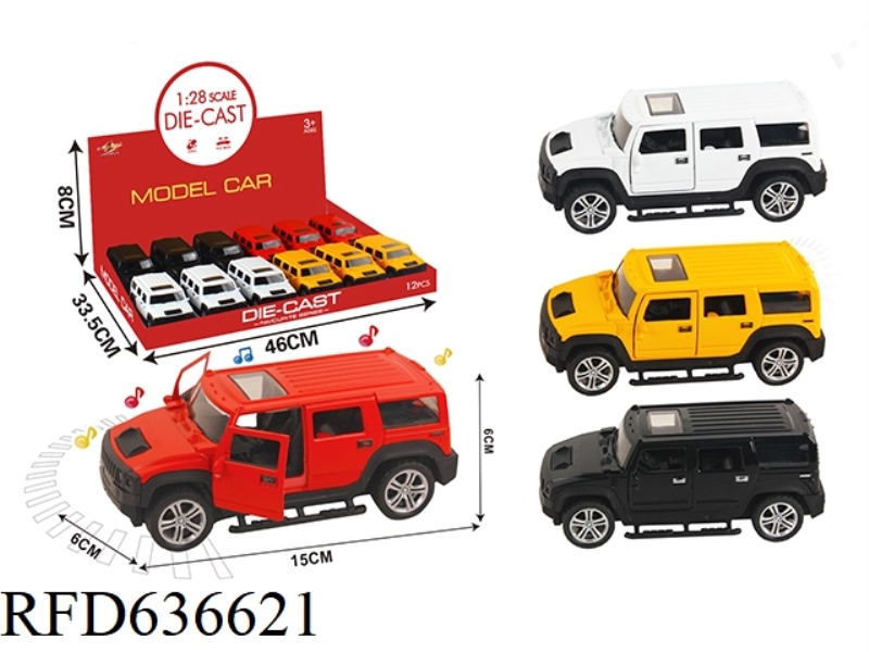 1:28 SIMULATION PULL BACK ALLOY TWO-DOOR HUMMER WITH LIGHTING AND MUSIC 12PCS