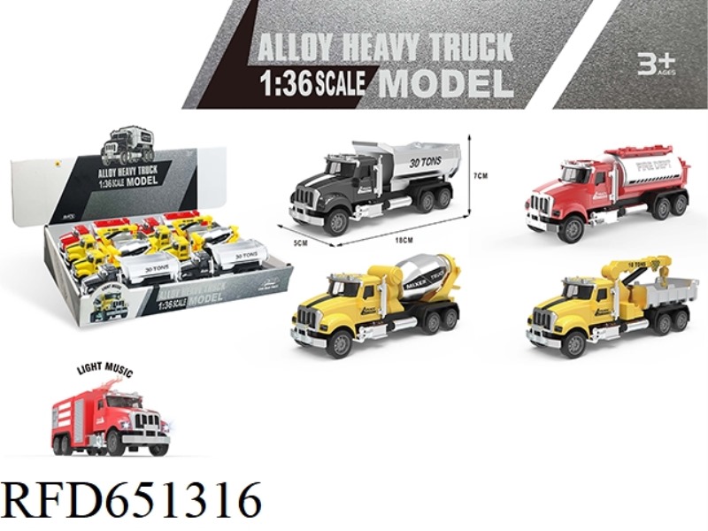 ACOUSTO-OPTIC ALLOY PULL-BACK TRUCK (DRUM TRUCK + DUMP TRUCK + SPRINKLER + CRANE) 8PCS