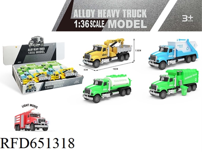 ACOUSTO-OPTIC ALLOY PULL-BACK VEHICLE (CRANE + SPRINKLER + DUMP TRUCK + SANITATION TRUCK) 8PCS