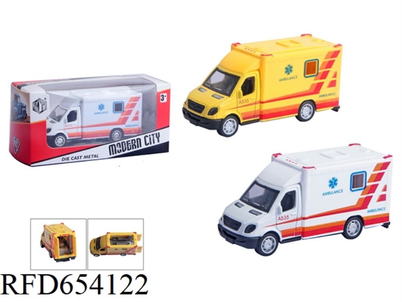 1:38 ALLOY PULL-BACK MERCEDES-BENZ AMBULANCE CAN OPEN THE DOOR ON THE BACK.