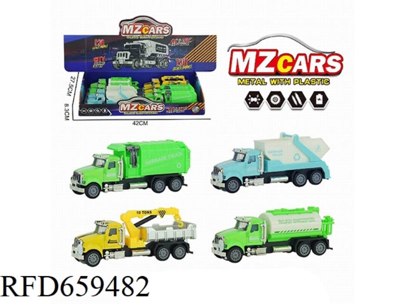 1:36 ACOUSTO-OPTIC ALLOY PULL-BACK VEHICLE (CRANE + SPRINKLER + DUMP TRUCK + SANITATION TRUCK) 8PCS