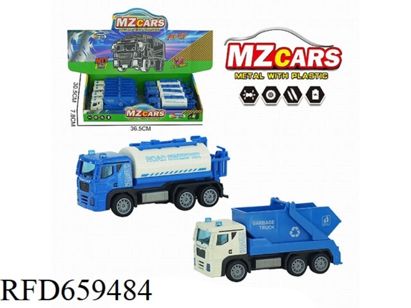 1:36 ALLOY PULL-BACK SANITATION TRUCK (SPRINKLER + DUMP TRUCK) 8PCS