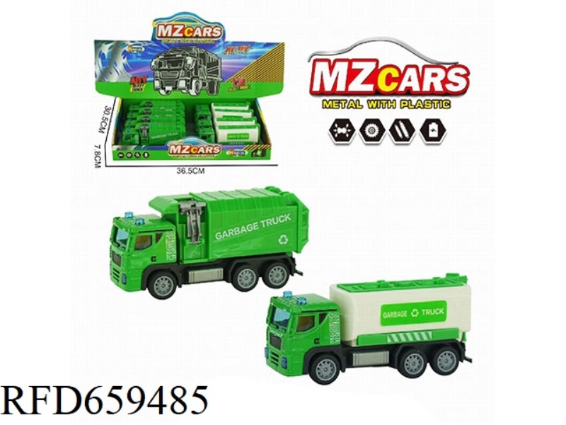 1:36 ALLOY PULL BACK SANITATION VEHICLE (SANITATION VEHICLE + CLEANING VEHICLE + GARBAGE CAN) 8PCS