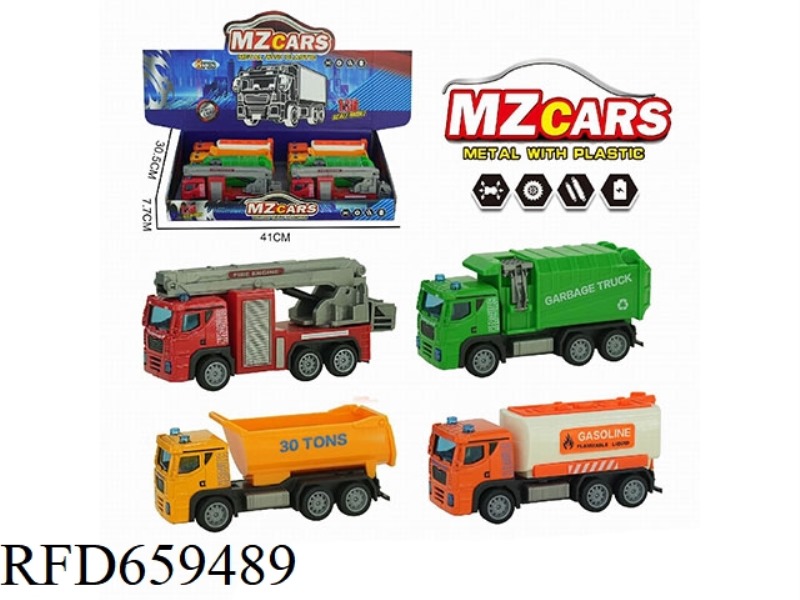1:36 ALLOY CITY PULL-BACK TRUCK (SANITATION TRUCK + DUMP TRUCK + RESCUE CAR + TANK TRUCK + GARBAGE C