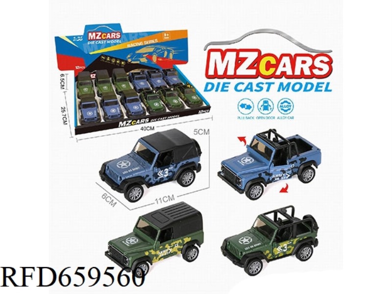 1:36 ALLOY MODEL OFF-ROAD DOOR PULL-BACK CAR MILITARY VERSION 12PCS