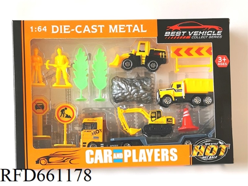 ALLOY 1:64 TAXI ENGINEERING CAR WITH GOLD TRAILER SCENE SET 2 MIXED