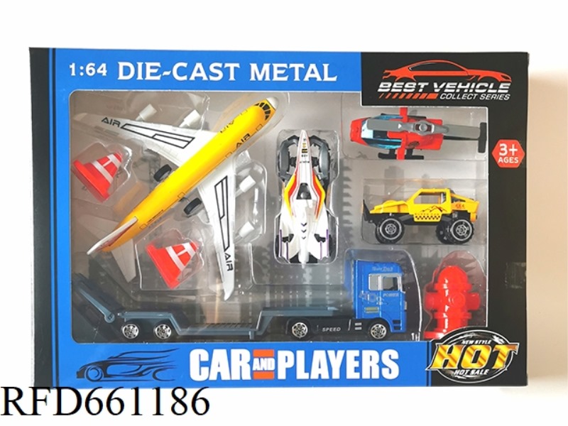 1:64 ALLOY PULLEBACK AIRCRAFT WITH GOLD TAXI AIRCRAFT WITH TRAILER SCENE 5 SETS OF CARS MIXED