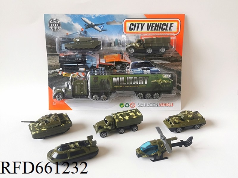 1:64 ALLOY SLIDING TRACTOR MILITARY CONTAINER TRUCK WITH TWO ALLOY MILITARY VEHICLES MIXED
