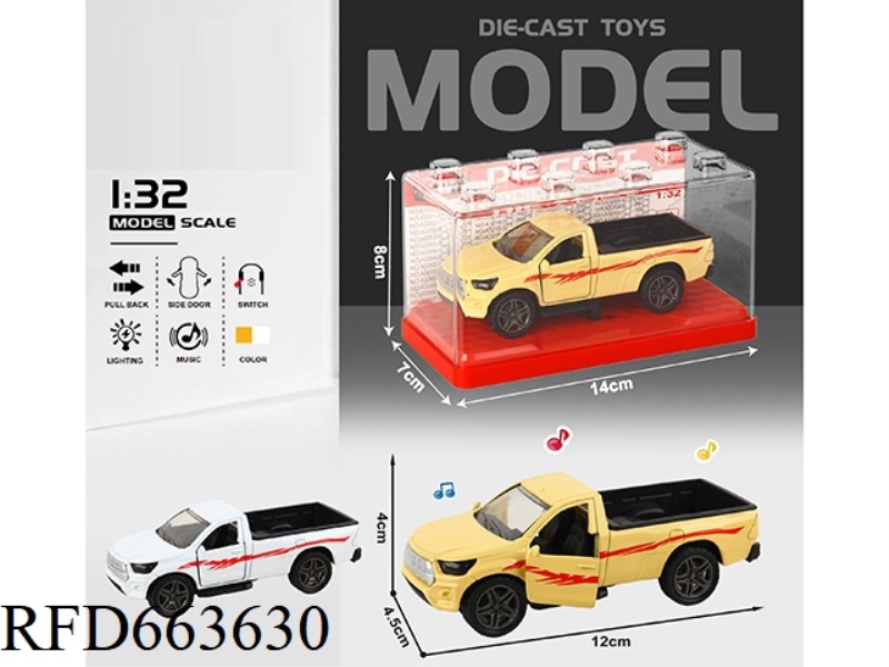 1:32 SIMULATED HILUX SINGLE ROW PICKUP BOILBACK ALLOY CAR WITH TWO DOORS WITH LIGHTS AND MUSIC