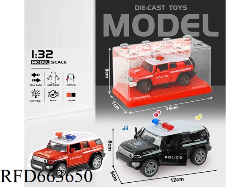 1:32 SIMULATION TOYOTA FJ POLICE CAR BOILBACK ALLOY CAR TWO DOORS WITH LIGHTS AND MUSIC