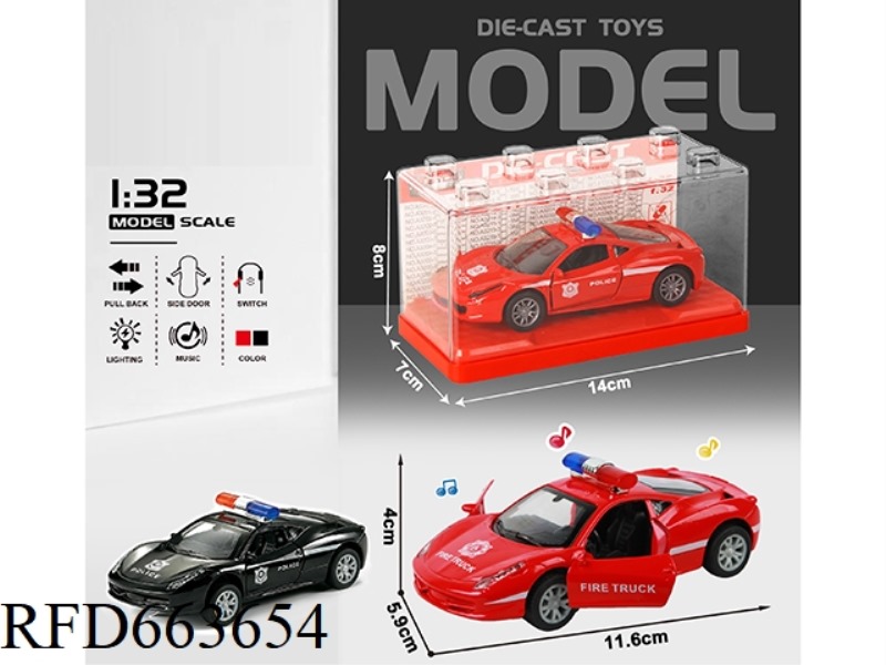 1:32 SIMULATION FERRARI POLICE CAR BOILBACK METAL CAR WITH TWO DOORS WITH LIGHTS AND MUSIC