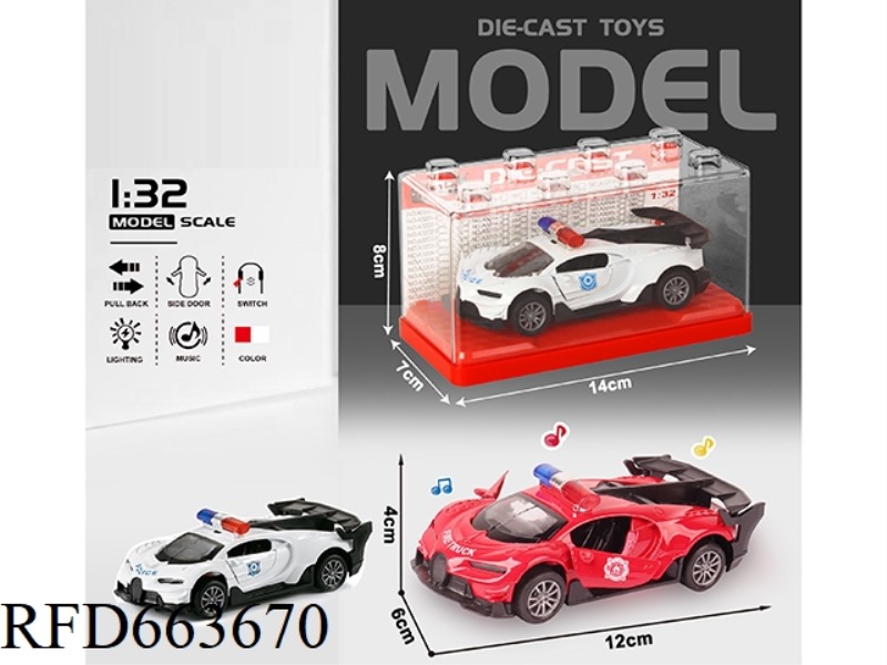 1:32 SIMULATION BUGATTI POLICE CAR BOILBACK METAL CAR WITH TWO DOORS WITH LIGHTS AND MUSIC