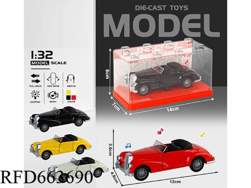 1:32 SIMULATION CLASSIC CLASSIC CAR MERCEDES CONVERTIBLE BOILBACK METAL CAR TWO DOORS WITH LIGHTS AN