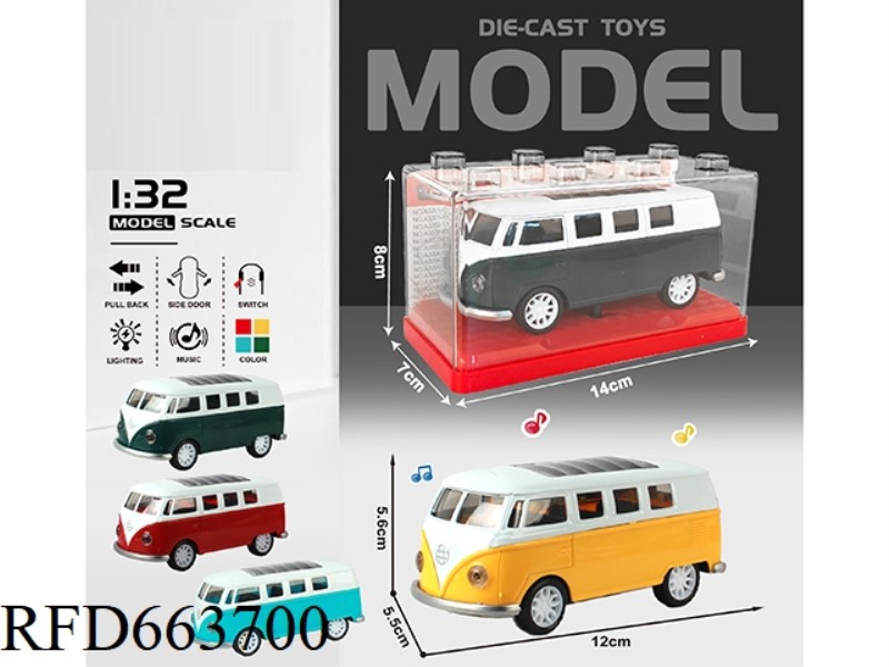 1:32 SIMULATION BUS CLASSIC CAR BOILBACK METAL CAR TWO DOORS WITH LIGHTS AND MUSIC