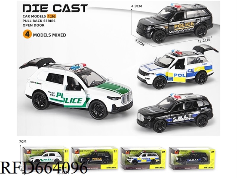ALLOY OFF-ROAD POLICE CAR PULL BACK THREE DOORS (1:36)