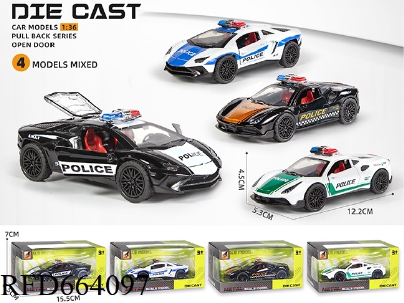 ALLOY 3 OPEN DOOR PULL-BACK SPORTS CAR POLICE CAR (1:36)