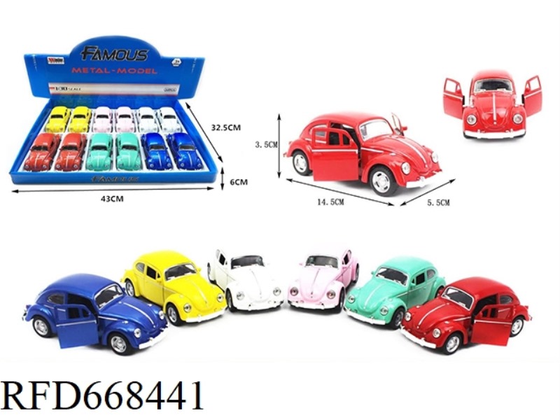 1:30 BEETLE REBOUND ALLOY CAR 2 DOOR WITHOUT LIGHTS AND MUSIC 12 PIECES