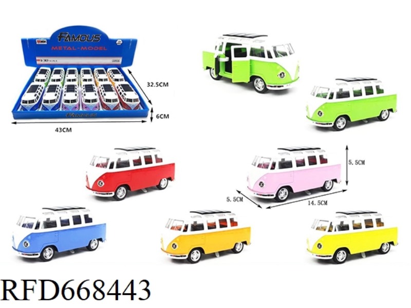 AT 1:30, THERE ARE 12 PIECES OF THE VOLKSWAGEN BUS REILLY ALLOY CAR WITH 2 DOORS AND NO LIGHTS OR MU