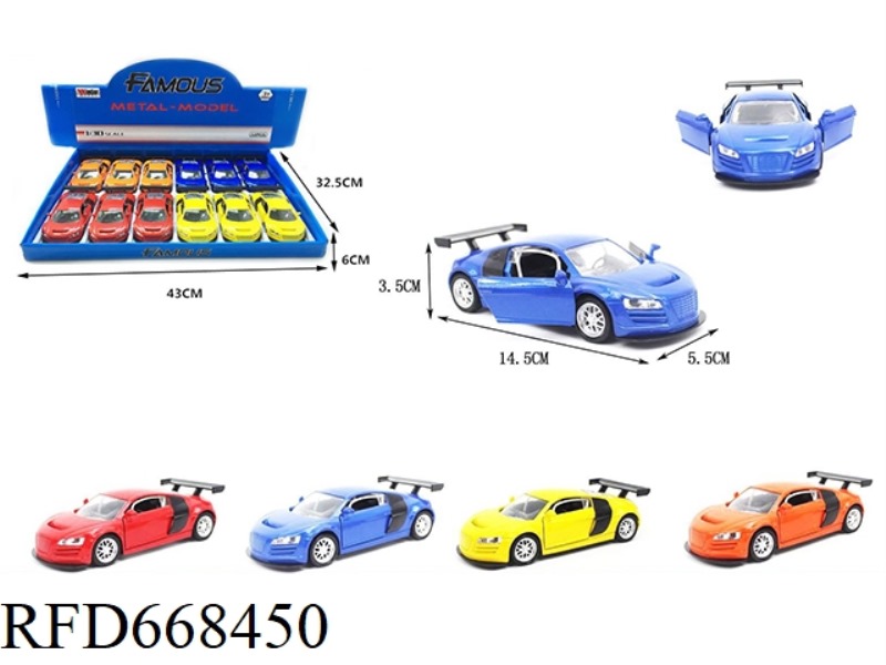 1:30 AUDI R8 HUILI ALLOY CAR 2 DOORS WITHOUT LIGHTS AND MUSIC 12 PIECES