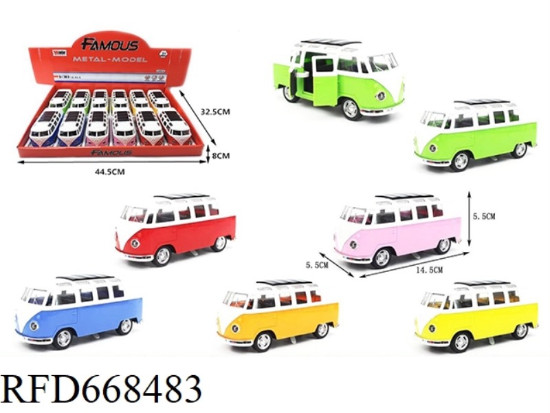 AT 1:30, THERE ARE 12 PIECES OF VOLKSWAGEN BUS REILLY ALLOY CAR WITH DOORS, LIGHTS AND MUSIC