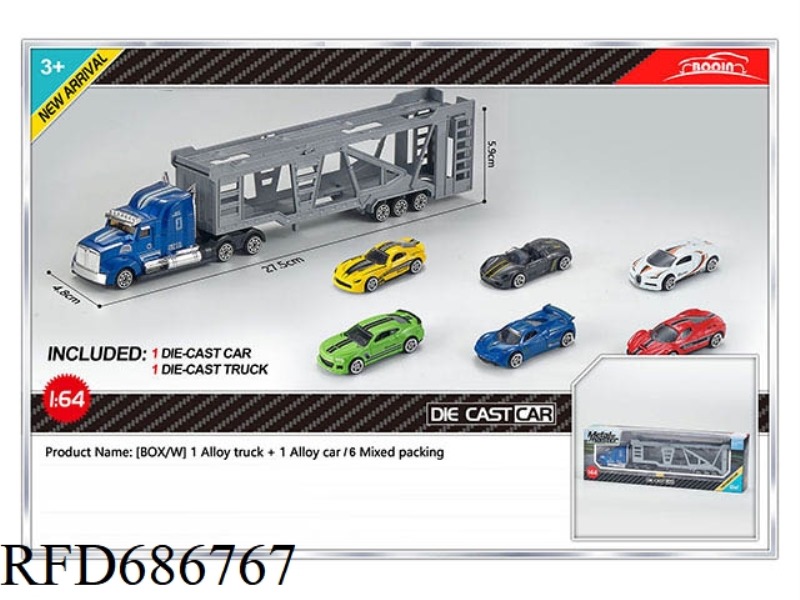 1:64 ALLOY DOUBLE-DECKER TRANSPORT VEHICLE WITH ONE ALLOY CAR (BLUE FRONT)