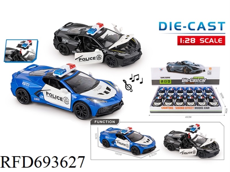 1:28 ALLOY CAR MODEL C8 POLICE CAR LIGHTS MUSIC 4 DOOR OPENING FORCE (12PCS)