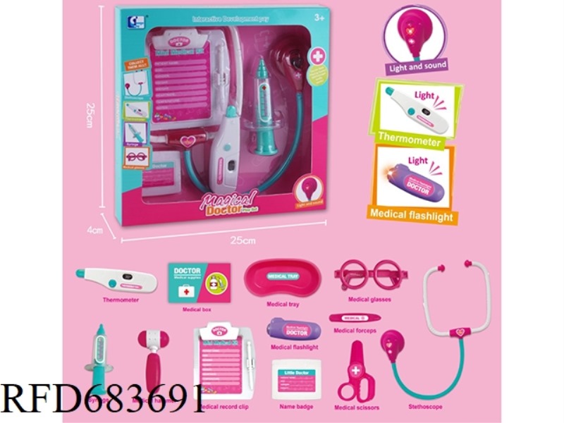 MEDICAL INSTRUMENTS ARE EQUIPPED WITH STETHOSCOPE AND THERMOMETER WITH LIGHT AND SOUND.