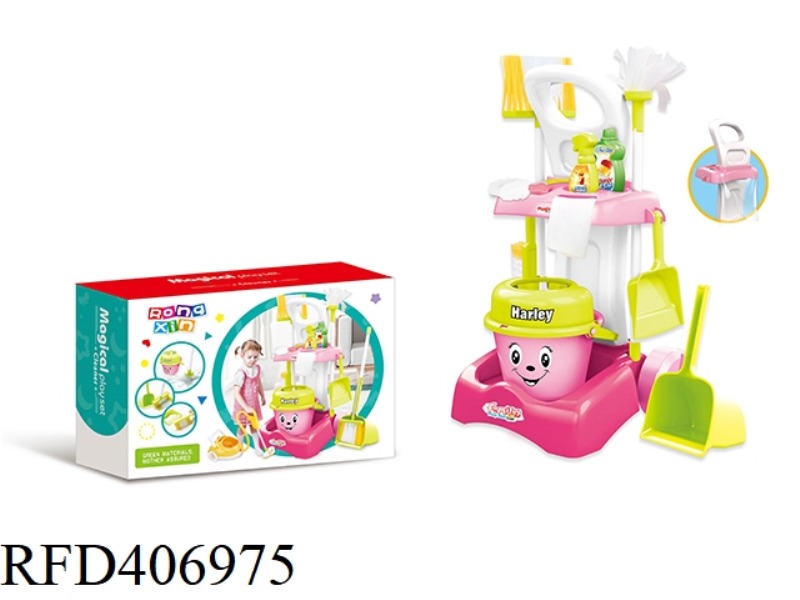 CLEANING CART SET (PINK) WITH LARGE GARBAGE BUCKET