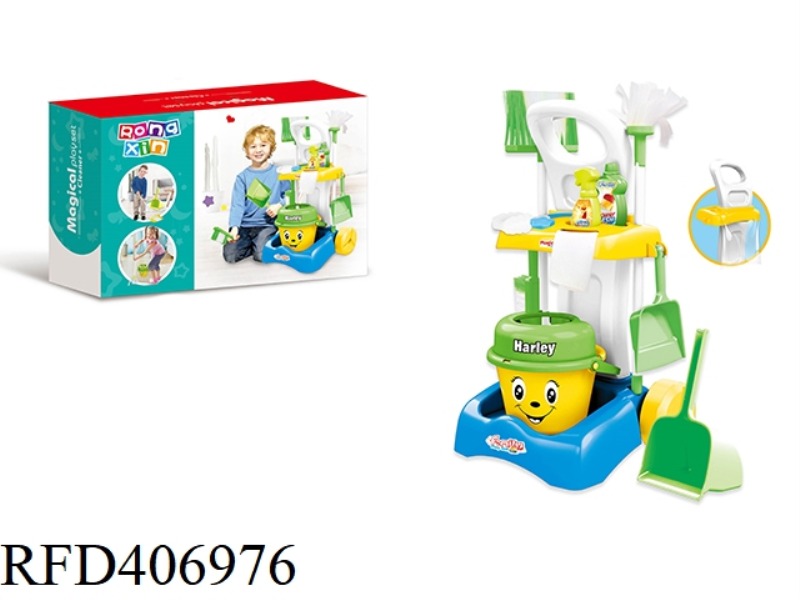 CLEANING CART SET (BLUE) WITH LARGE GARBAGE BUCKET