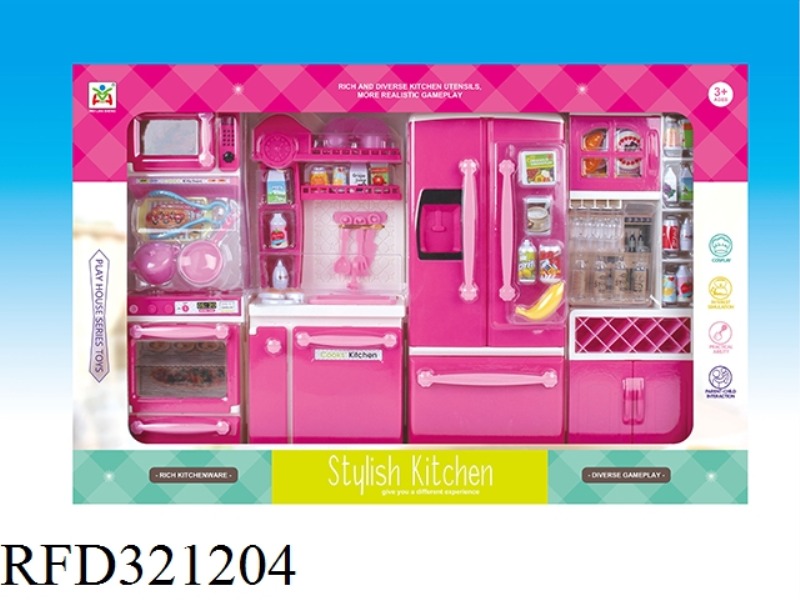 STOVE, SINK, REFRIGERATOR, WINE CABINET KITCHEN SET WITH LIGHT AND MUSIC