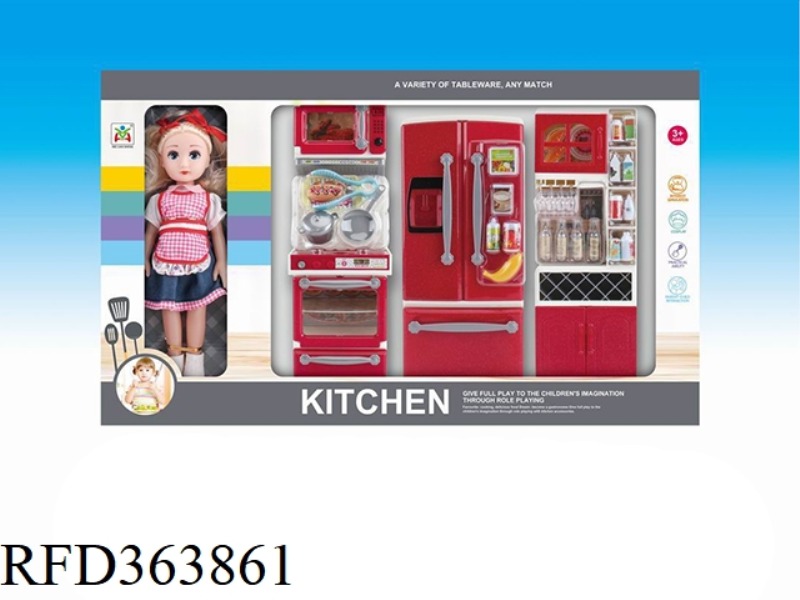 STOVE, WINE CABINET, REFRIGERATOR SET (WITH DOLL), LIGHT AND MUSIC