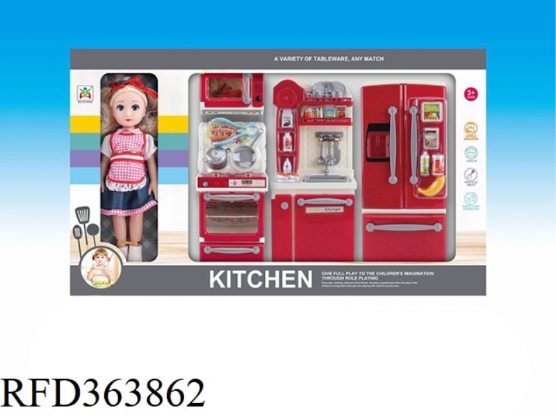 STOVE, SINK, REFRIGERATOR SET (WITH DOLL), LIGHT AND MUSIC