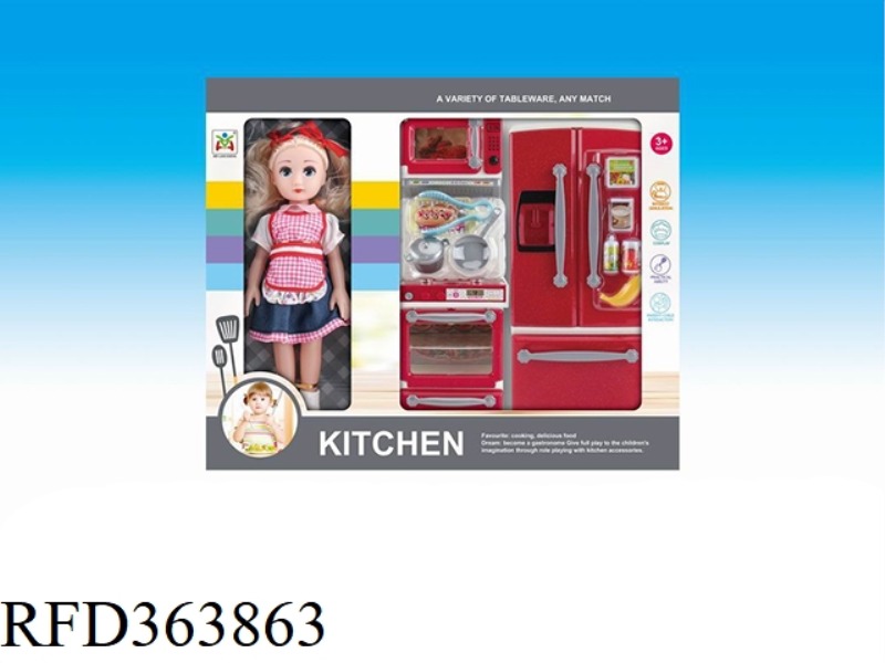 STOVE REFRIGERATOR SET (WITH DOLL), LIGHT AND MUSIC