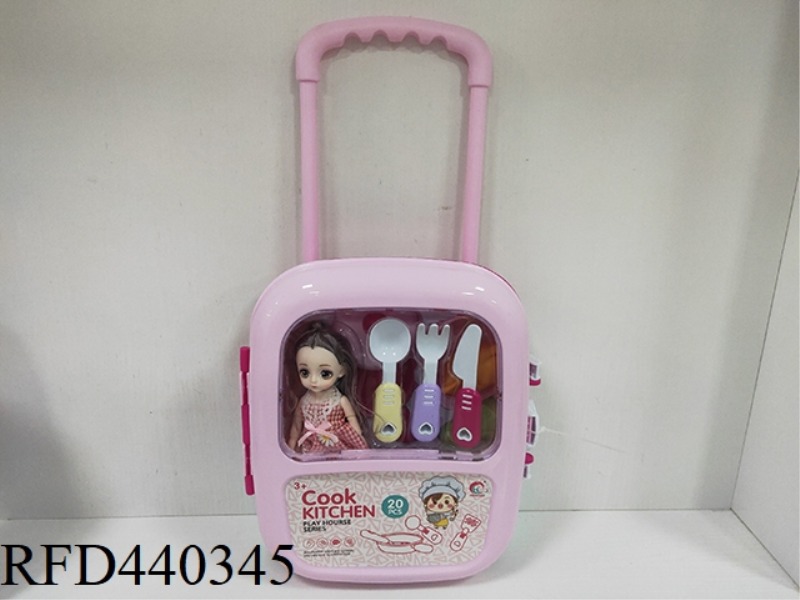 PLAY HOUSE CUTLERY TROLLEY CASE SET WITH DOLL