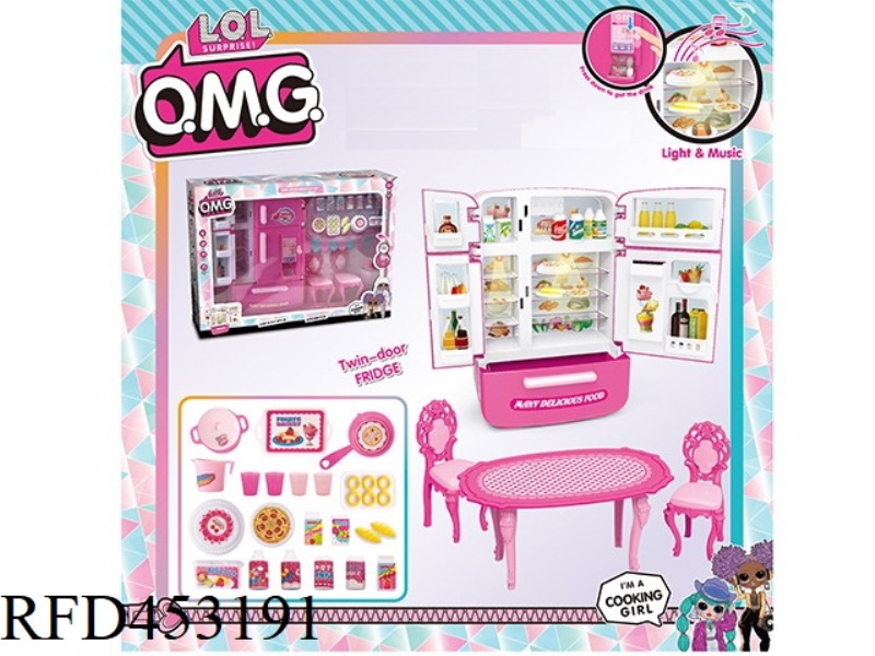 MULTI-DOOR REFRIGERATOR VENDING MACHINE LO O.M.G + TABLE AND CHAIR + BREAD ACCESSORIES BARBIE COLOR