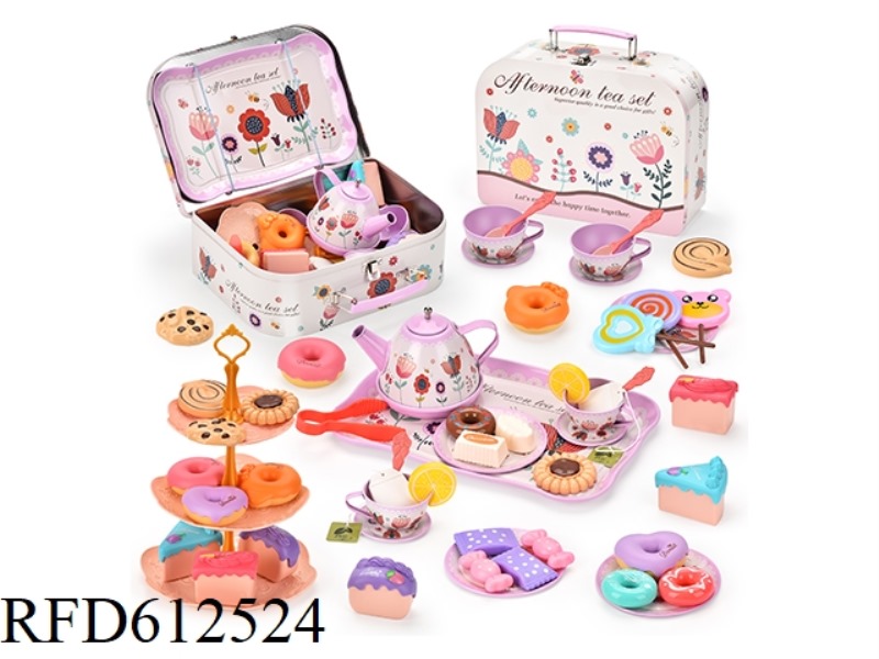 PINK FLOWER AFTERNOON TEA TINPLATE TEA SET (IRON SUITCASE)