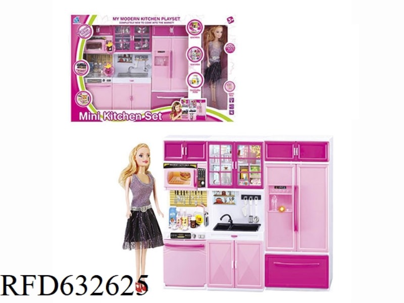 PLAYING HOME - KITCHEN SERIES COMBINATION WITH BARBIE (LIGHTING, MUSIC, AND 3 AG13 ELECTRONICS)