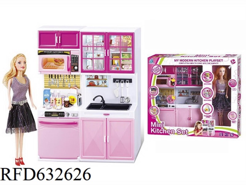 PLAYING HOME - KITCHEN SERIES COMBINATION WITH BARBIE (LIGHTING, MUSIC, AND 3 AG13 ELECTRONICS)